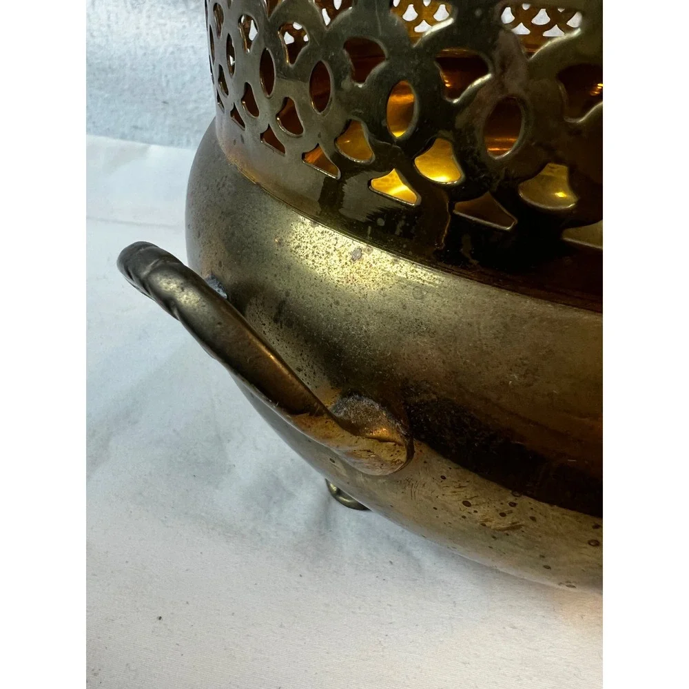 Vintage Brass Footed Planter‎ Reticulated Rim Lion Paw Feet Cachepot Bowl 7.5in
